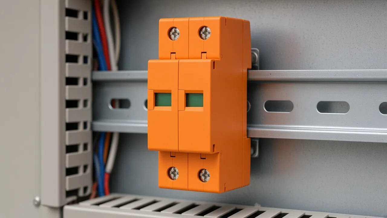 YJ1-C40 module clipped on a DIN rail inside a distribution board