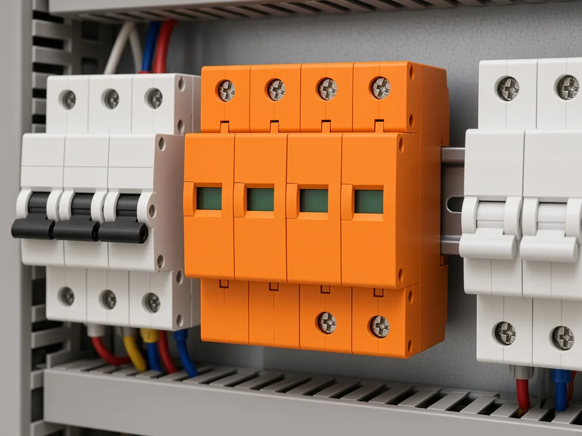 YJ1-C40 module on a rail beside miniature breakers