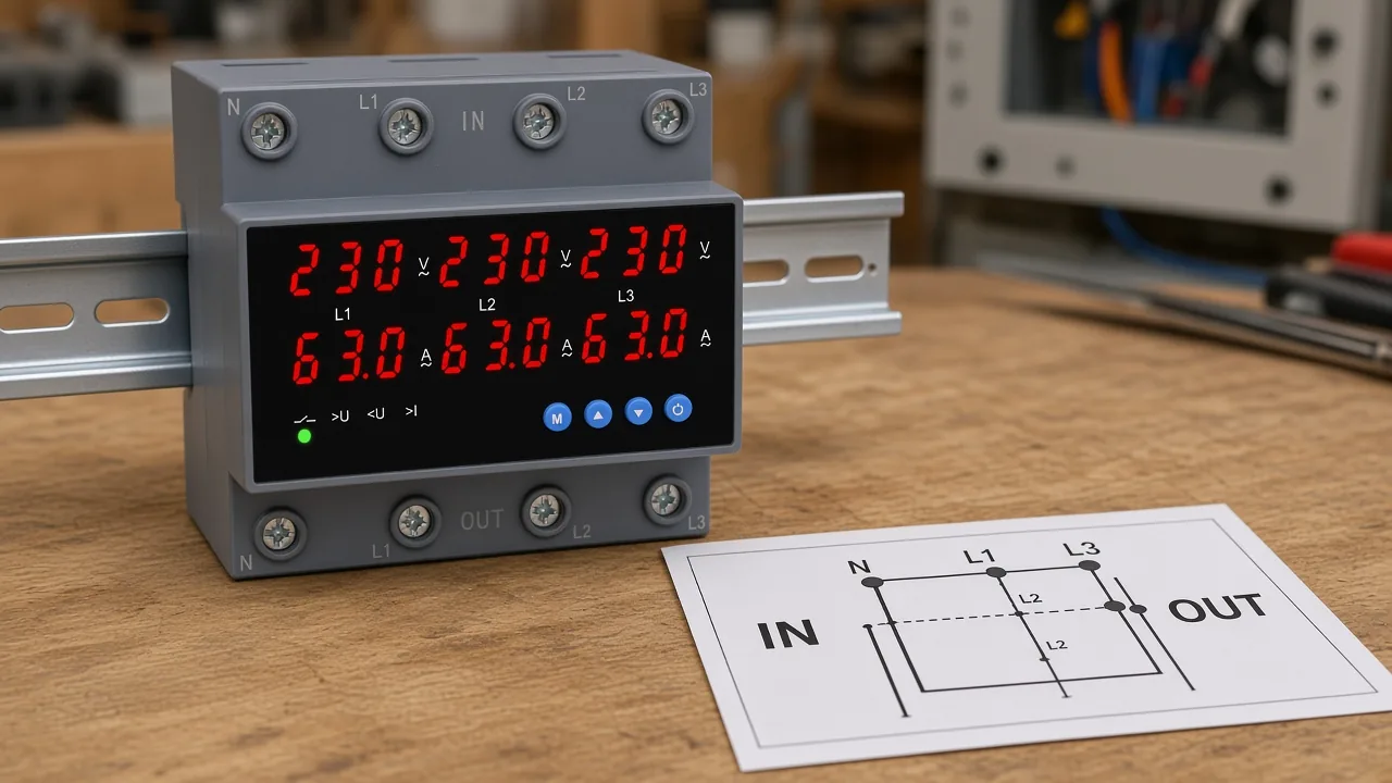 DIN-rail OUV protector beside a paper IN versus OUT terminal-map note