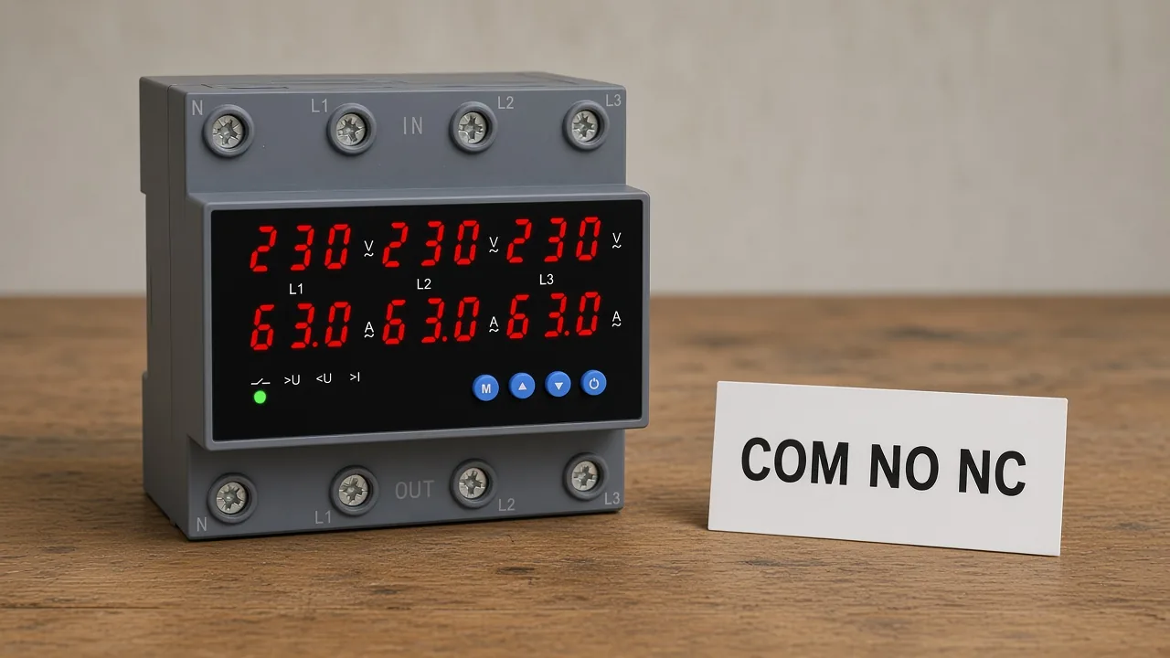 Printed COM NO NC reminder card beside a DIN OUV that shows IN OUT poles