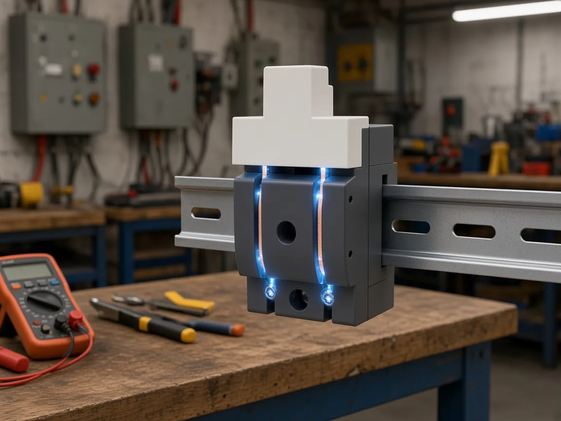 Knife isolator on DIN rail with conductors still carrying a continuous DC path glow