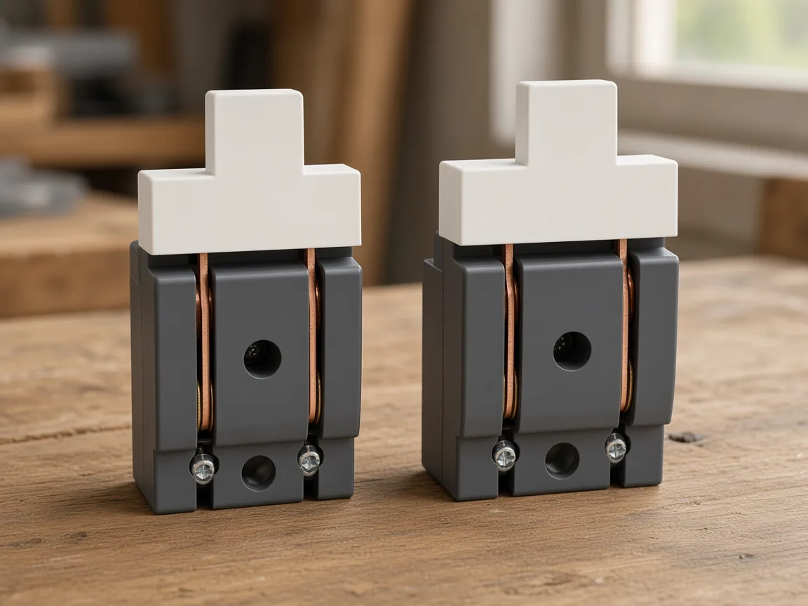 Two compact knife isolators of different pole widths on a workbench