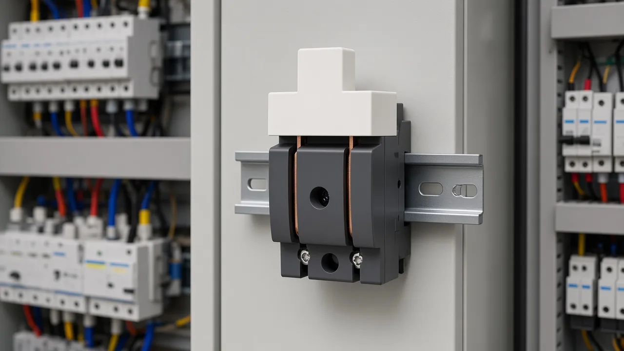 Indoor switchboard scene with a DC isolator handle in the open isolation position