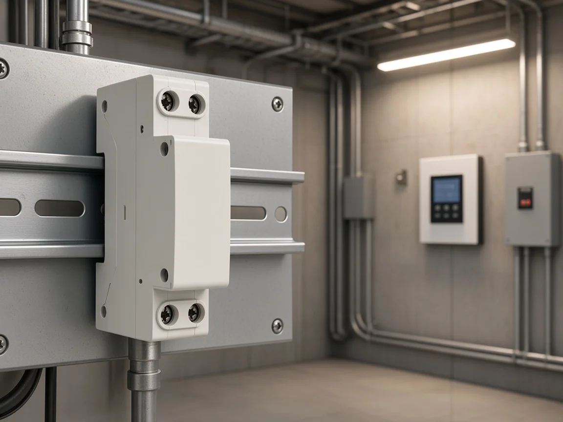 DIN-rail connected breaker on the rail with a wall switch softly visible in the background