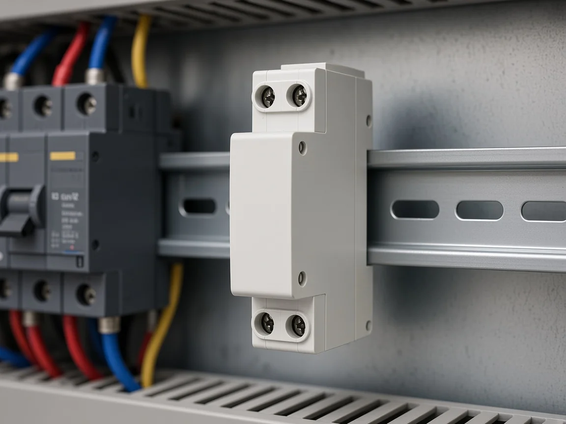 Close-up of a light-gray DIN-rail WiFi intelligent breaker module on a metal rail