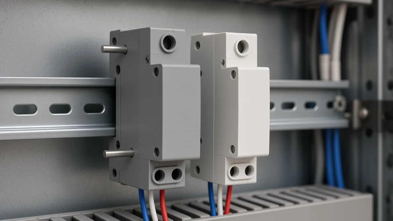MV+MN accessory clipped beside a miniature breaker
