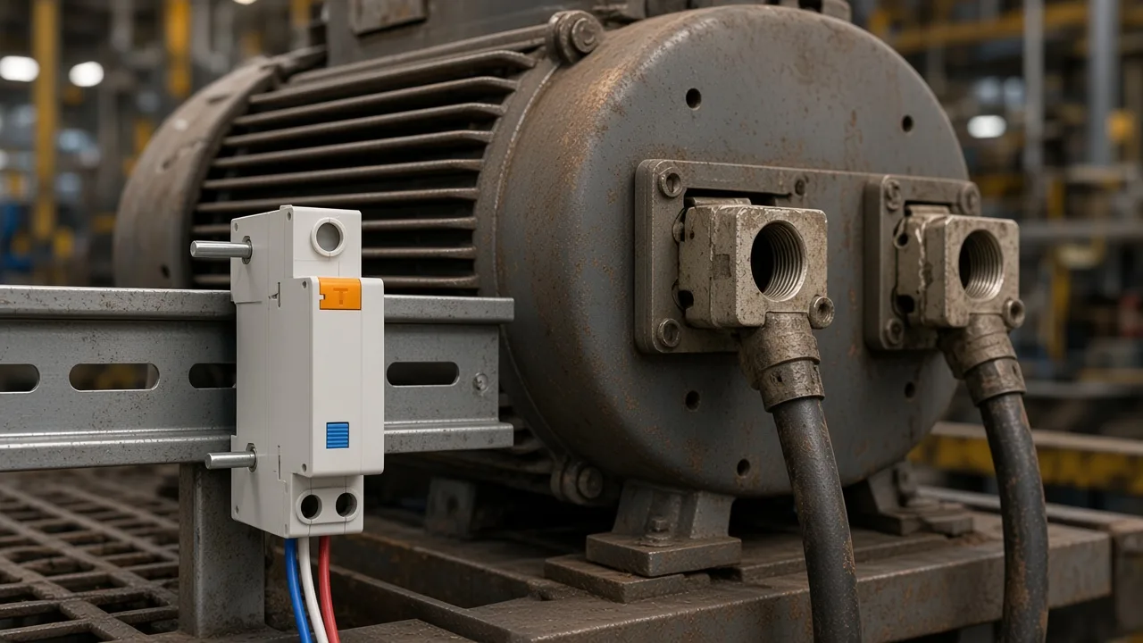 MV+MN accessory on a rail in front of a three-phase motor