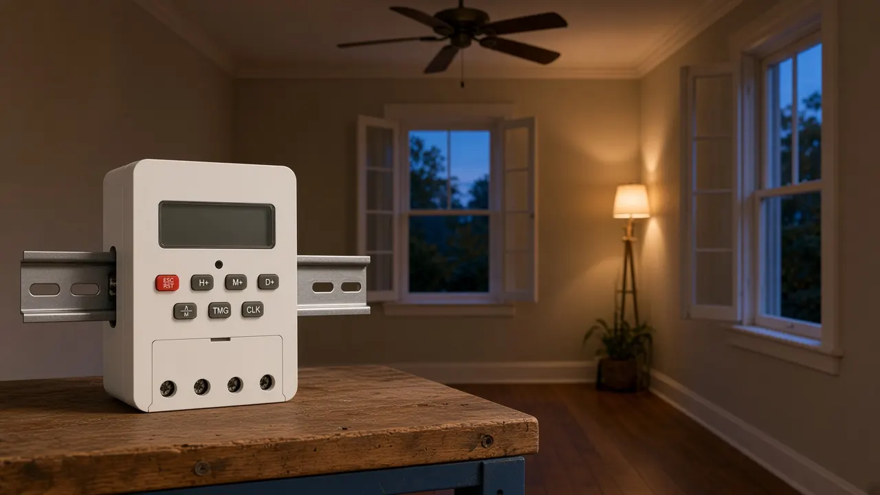 Evening hallway, open windows, and a rail time switch for a whole-house fan runtime