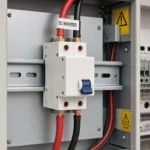 Battery-to-inverter DC breaker on DIN rail near battery cables