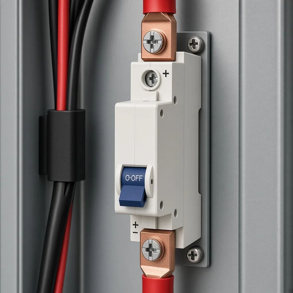 Polarized DC breaker terminals for battery-to-inverter wiring