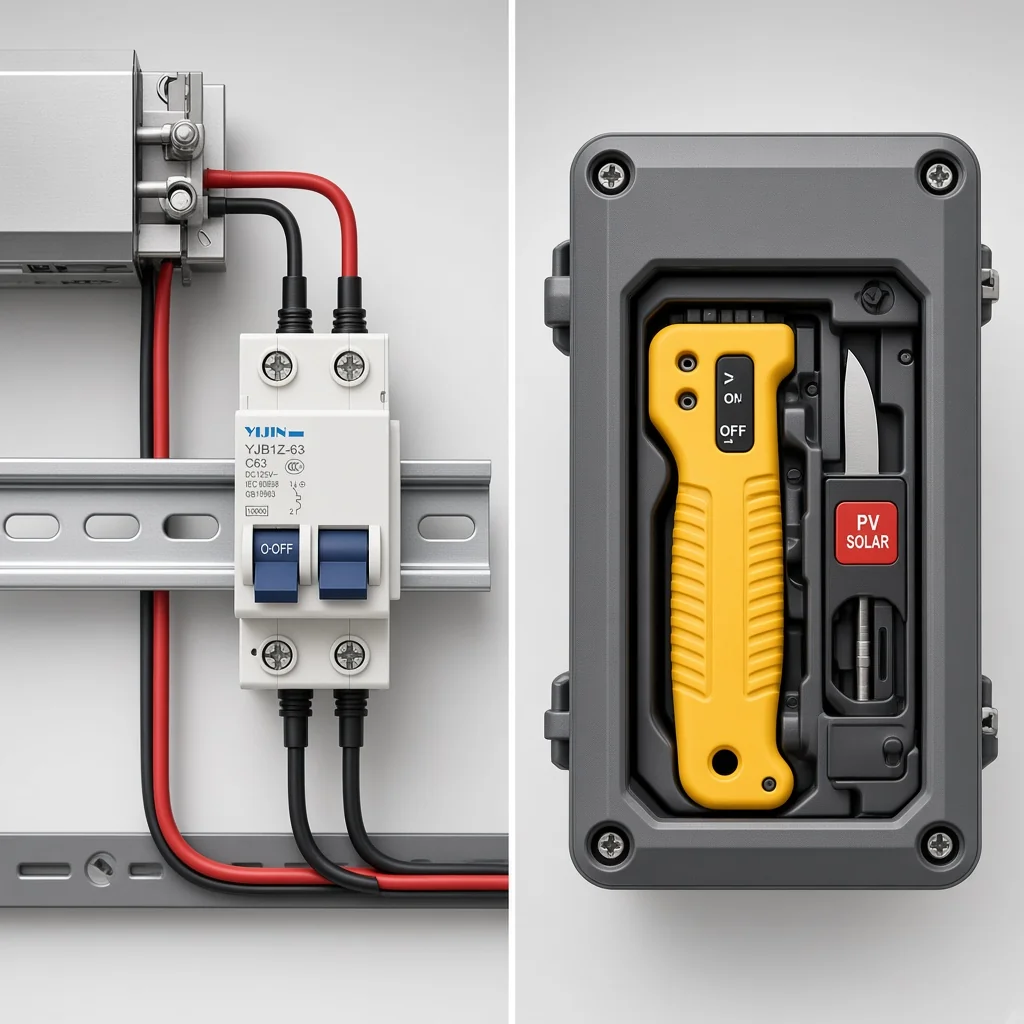 Battery–inverter rail breaker contrasted with PV string disconnect job