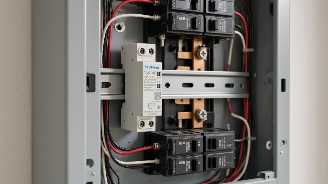 YJA2-Wifi module on a DIN rail inside an open panel