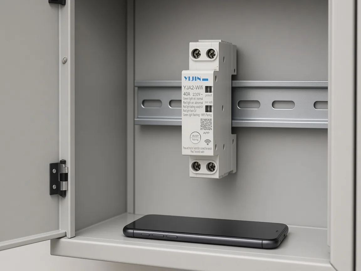 YJA2-Wifi module in a cabinet with a phone lying face-down on the shelf